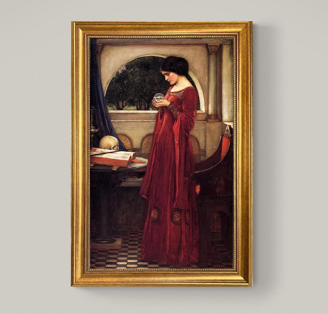 JW Waterhouse "The Cristal Ball" Framed Canvas Print: Golden Vintage Frame and Brush Strokes FOSHE ART