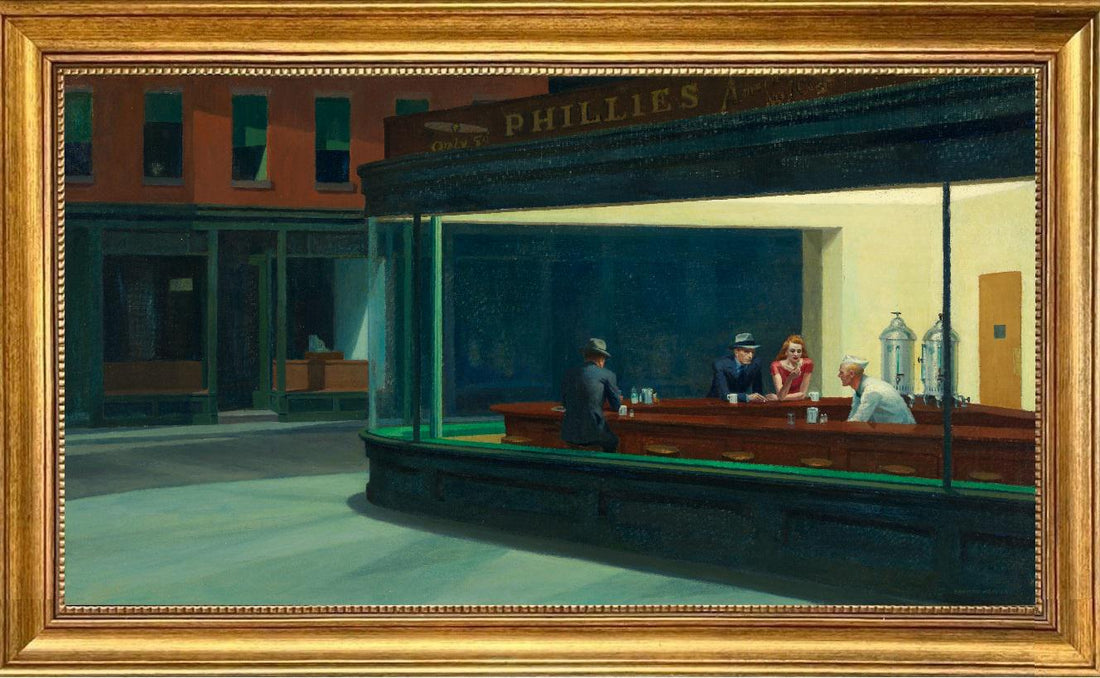 Nighthawks Canvas Print: Edward Hopper Reproduction, Vintage Gold Frame, 3D Texture FOSHE ART