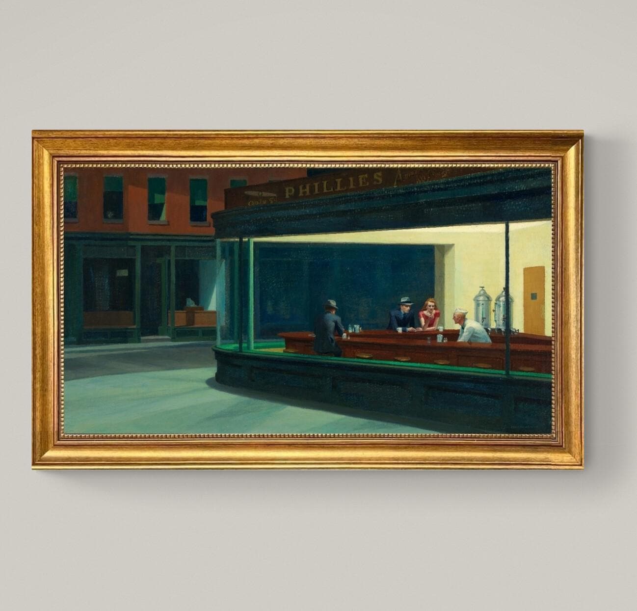 Nighthawks Canvas Print: Edward Hopper Reproduction, Vintage Gold Frame, 3D Texture FOSHE ART