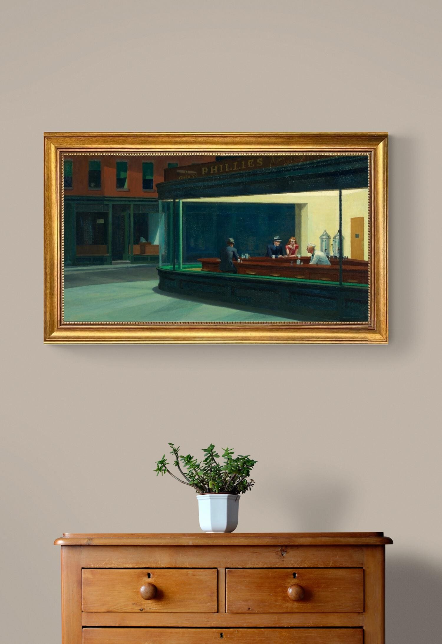 Nighthawks Canvas Print: Edward Hopper Reproduction, Vintage Gold Frame, 3D Texture FOSHE ART
