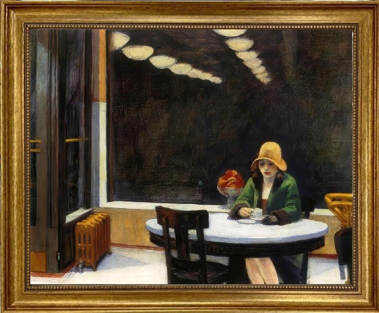 Edward Hopper's Automat Canvas Print with Vintage Golden Frame and Brushstrokes FOSHE ART