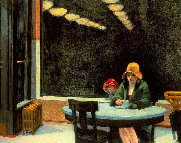 Edward Hopper's Automat Canvas Print with Vintage Golden Frame and Brushstrokes FOSHE ART