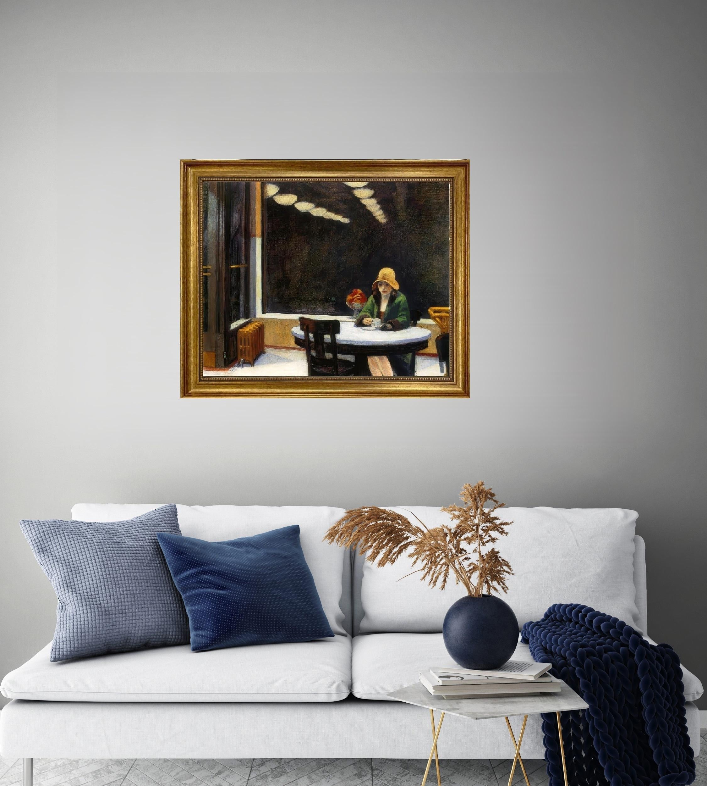 Edward Hopper's Automat Canvas Print with Vintage Golden Frame and Brushstrokes FOSHE ART
