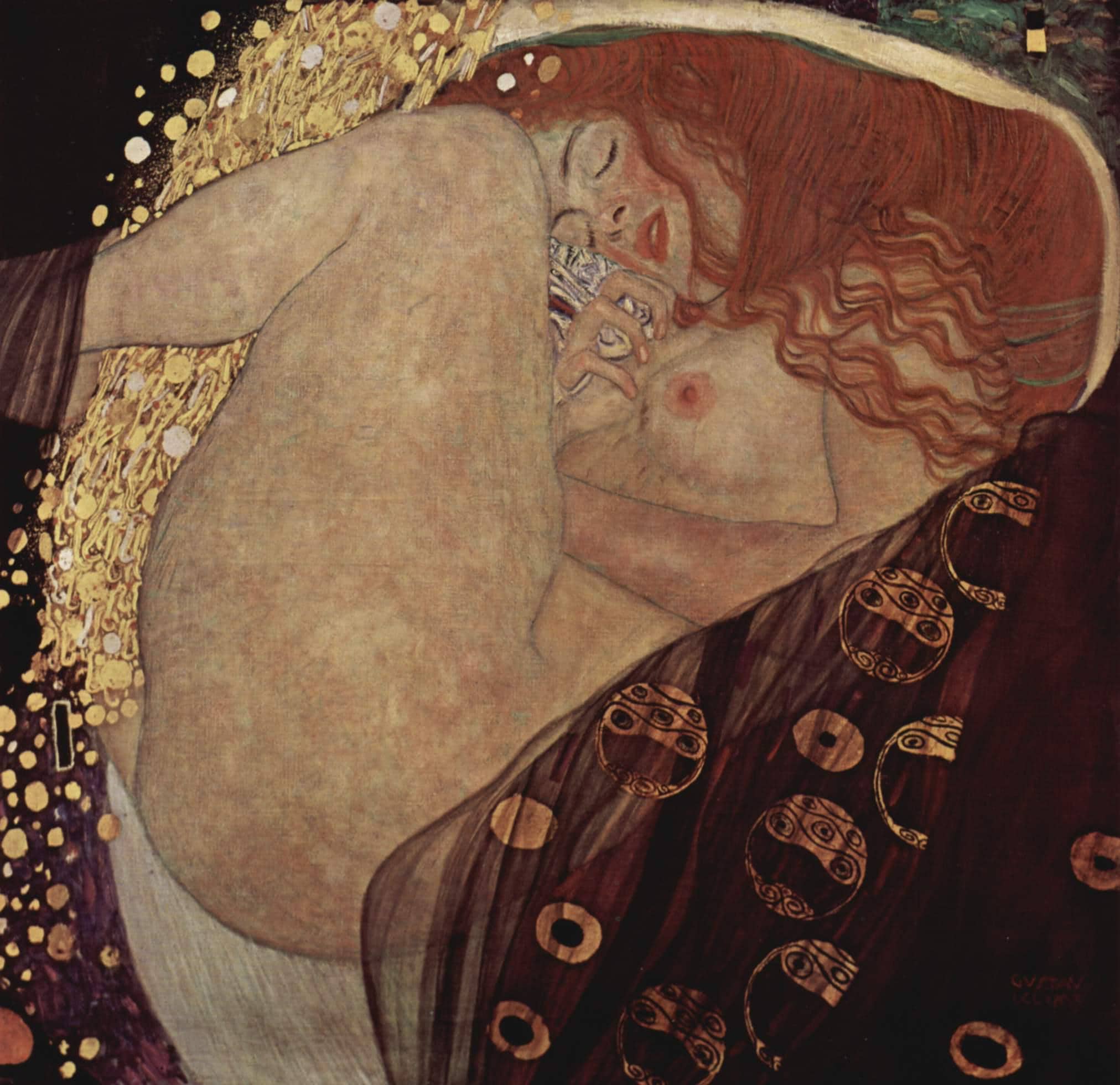 Gustav Klimt Danae Reproduction: Art Nouveau Canvas Print in Gold Vintage Frame FOSHE ART