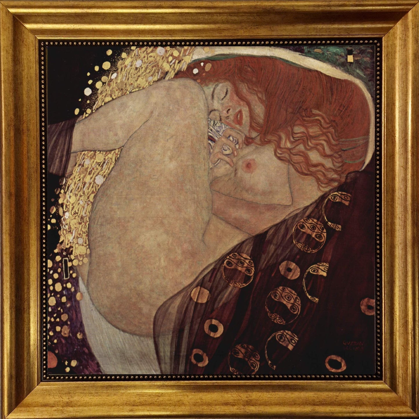 Danae, Gustav Klimt framed reproduction, Art nouveau  3D Hand-finish canvas with brush strokes, looks like original, Golden Vintage Frame FOSHE ART