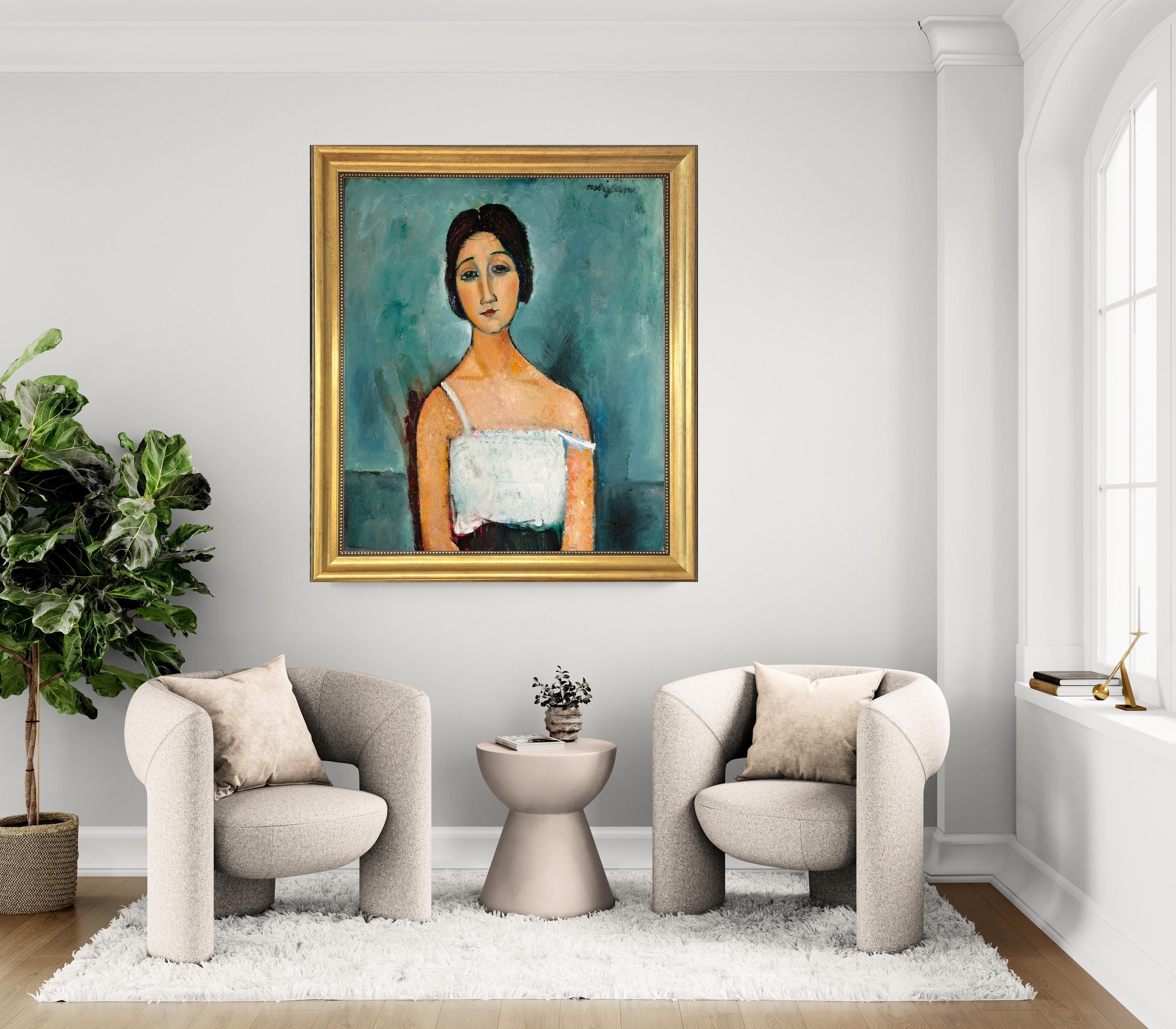 Modigliani 'Christina' Canvas Print: Vintage Gold Frame, Hand-Finished Brushstrokes, looks like original paiting FOSHE ART