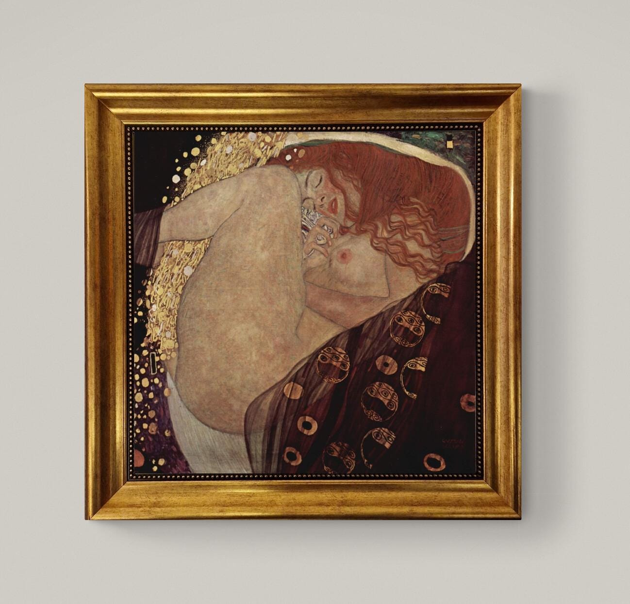 Danae, Gustav Klimt framed reproduction, Art nouveau  3D Hand-finish canvas with brush strokes, looks like original, Golden Vintage Frame FOSHE ART