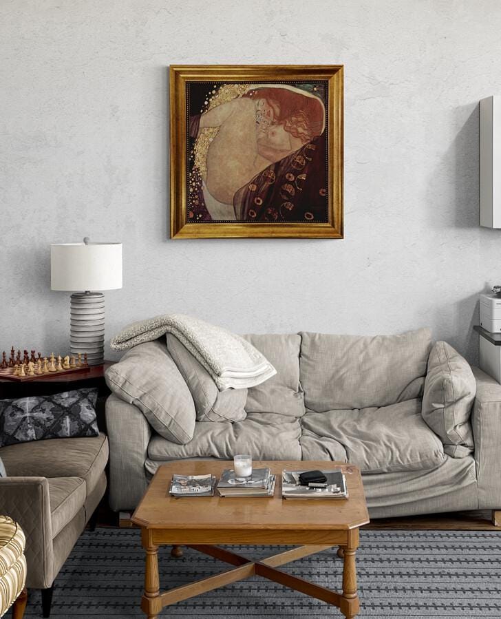 Danae, Gustav Klimt framed reproduction, Art nouveau  3D Hand-finish canvas with brush strokes, looks like original, Golden Vintage Frame FOSHE ART