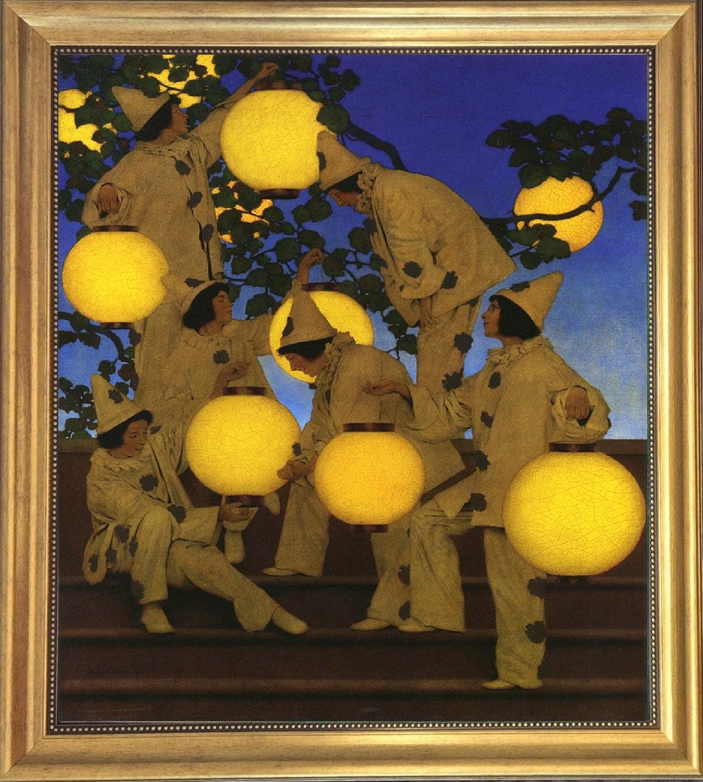Lantern Bearers by Maxfield Parrish framed reproduction, 3D Hand-finish canvas with brush strokes, looks like original, Golden Vintage Frame FOSHE ART