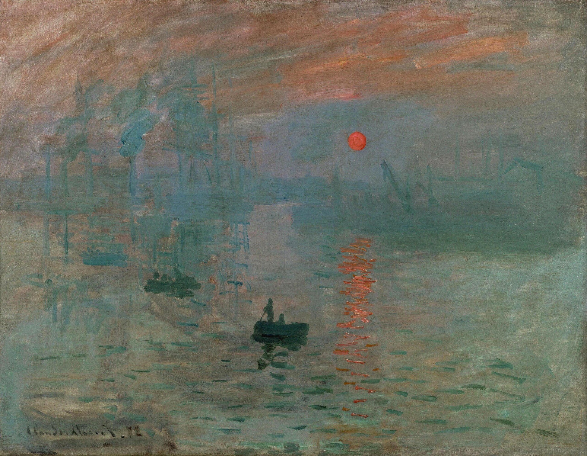 Impression Sunrise by Claude Monet, Canvas hand finished premium print with brush strokes and golden vintageous frame looks like original FOSHE ART