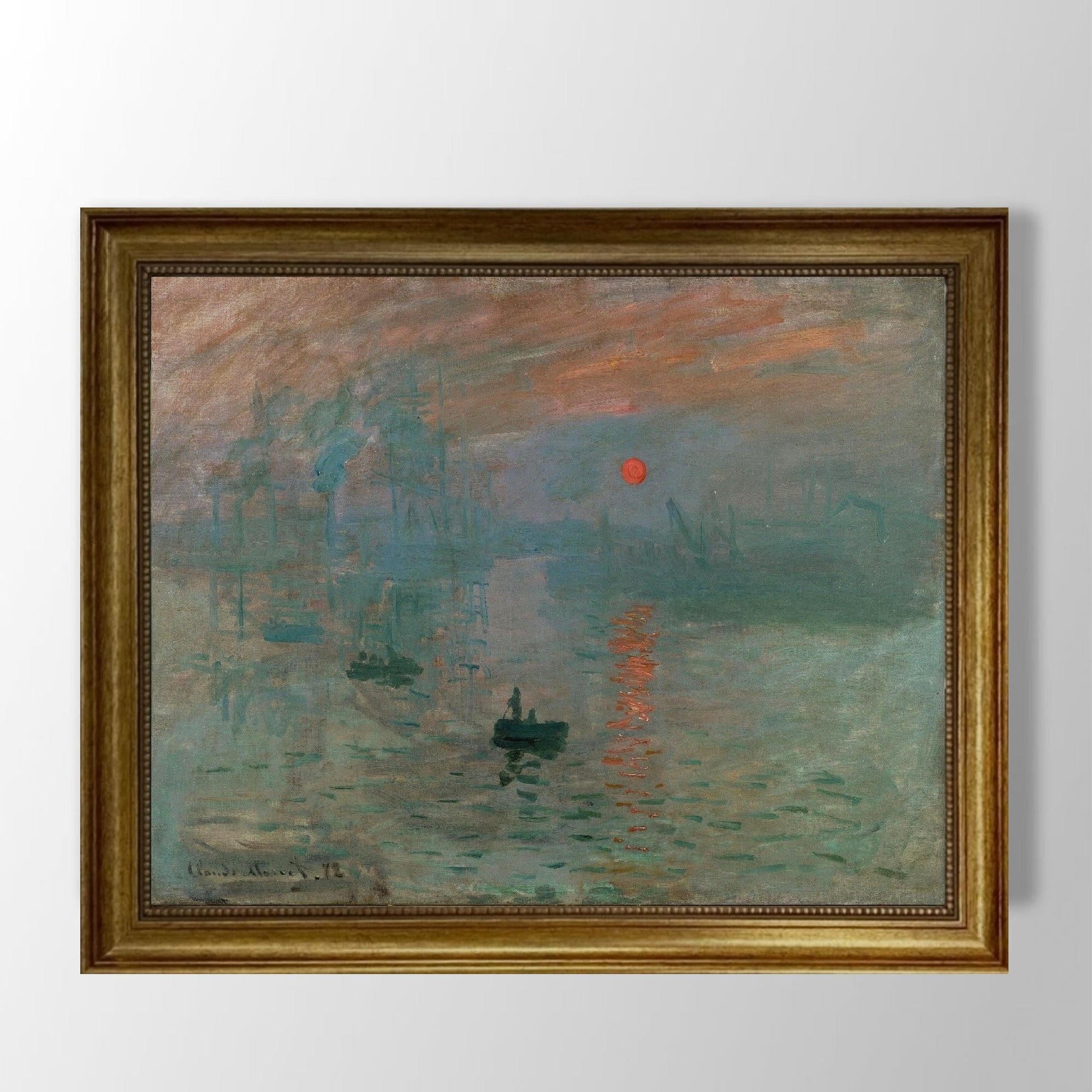 Impression Sunrise by Claude Monet, Canvas hand finished premium print with brush strokes and golden vintageous frame looks like original FOSHE ART