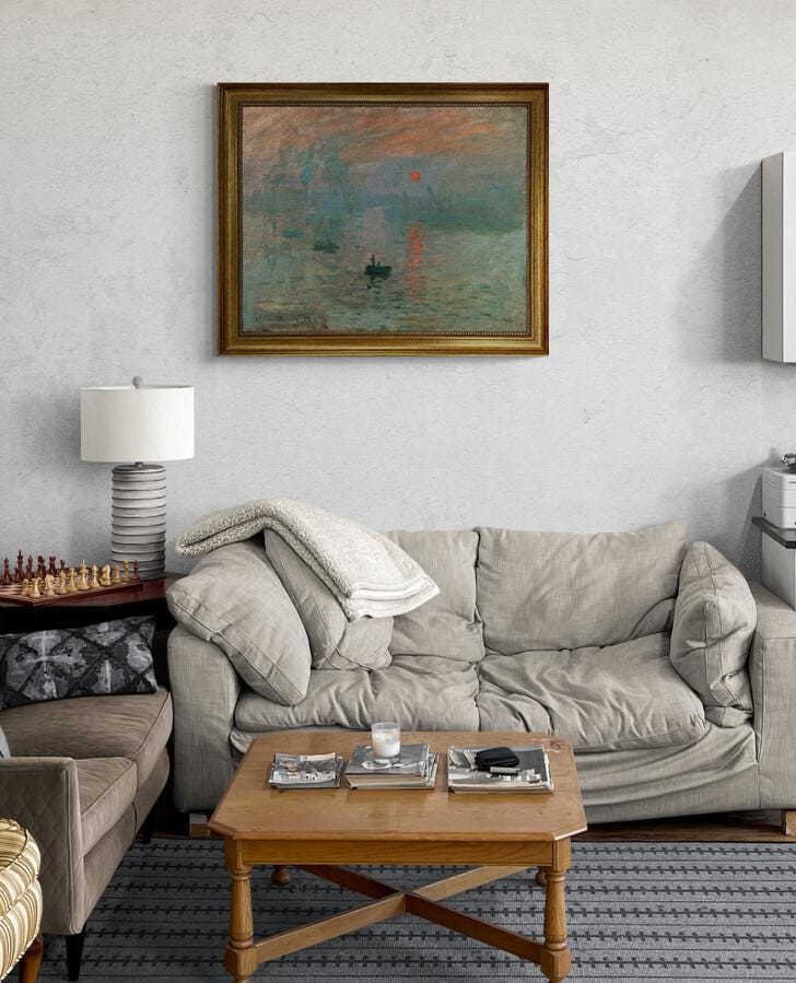 Impression Sunrise by Claude Monet, Canvas hand finished premium print with brush strokes and golden vintageous frame looks like original FOSHE ART