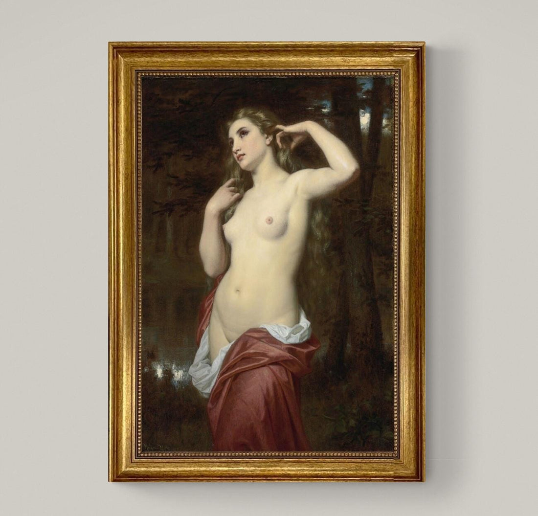 The Bather by Hugues Merle | Framed Canvas 3D Print with hand finished brush strokes | Golden Vintage Frame | Looks like original art FOSHE ART