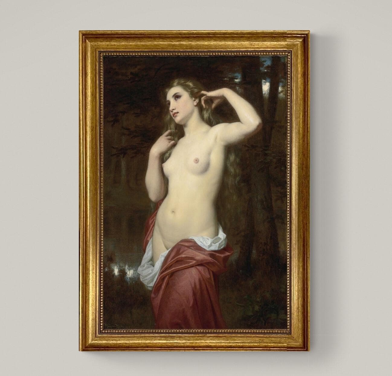 The Bather by Hugues Merle:  Print on canvas with Golden Vintage Frame and Brush Strokes FOSHE ART