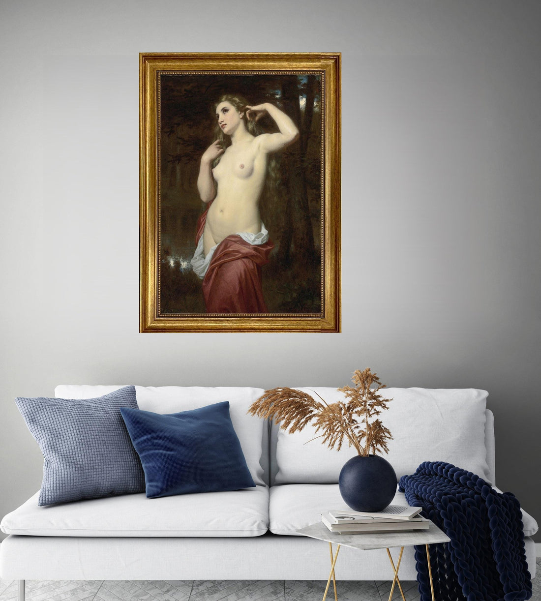 The Bather by Hugues Merle | Framed Canvas 3D Print with hand finished brush strokes | Golden Vintage Frame | Looks like original art FOSHE ART