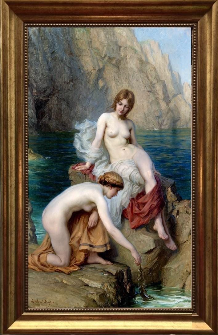 Summer Seas by Herbert James Draper, Framed Canvas Giclée Print Reproduction, 3D hand finish print with brush strokes, Golden Vintage Frame FOSHE ART