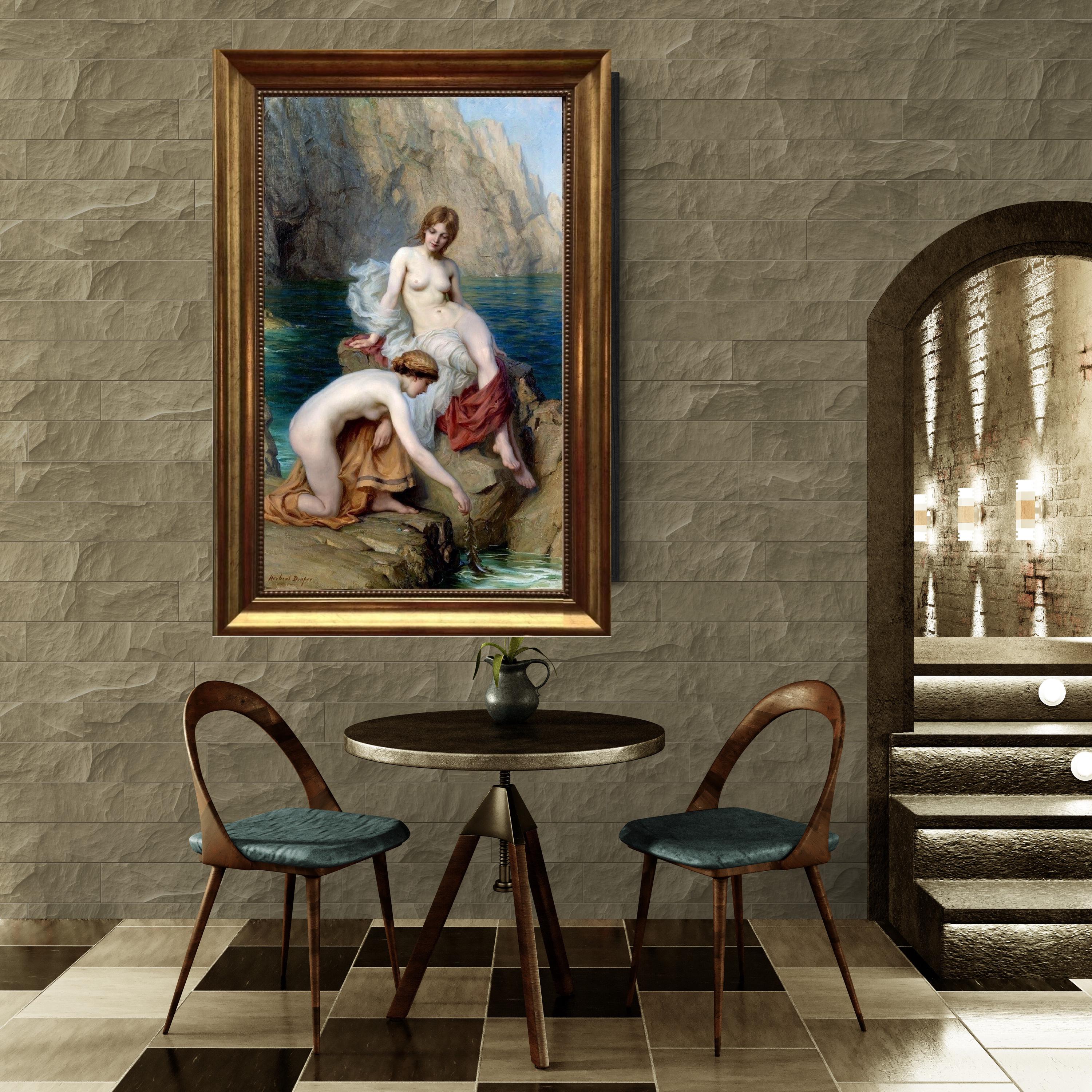 Summer Seas by Herbert James Draper, Framed Canvas Giclée Print Reproduction, 3D hand finish print with brush strokes, Golden Vintage Frame FOSHE ART