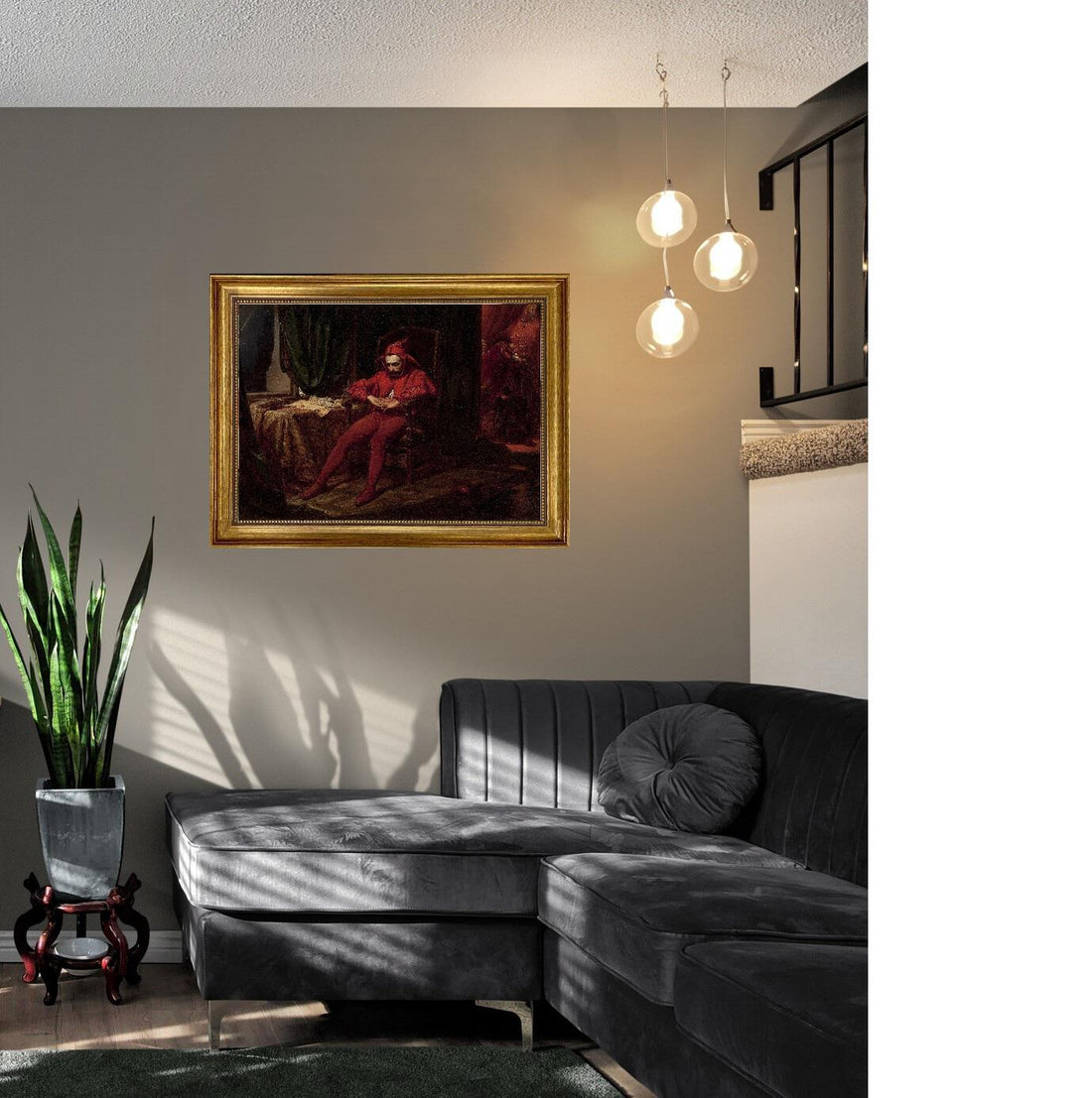 The Sad Jester Canvas Print: Vintage Golden Frame, Hand-Finished Brush Strokes FOSHE ART