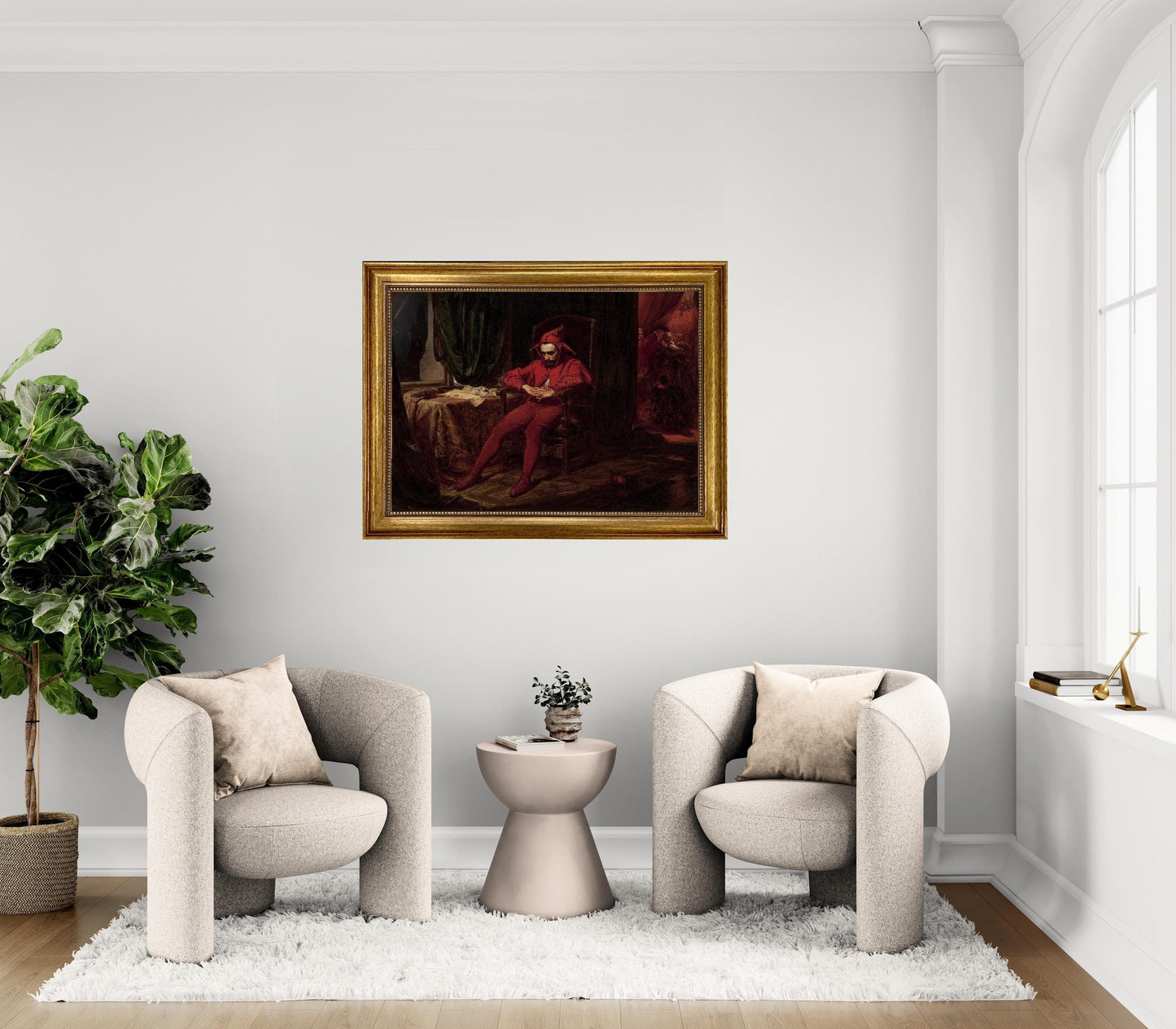 The Sad Jester Canvas Print: Vintage Golden Frame, Hand-Finished Brush Strokes FOSHE ART