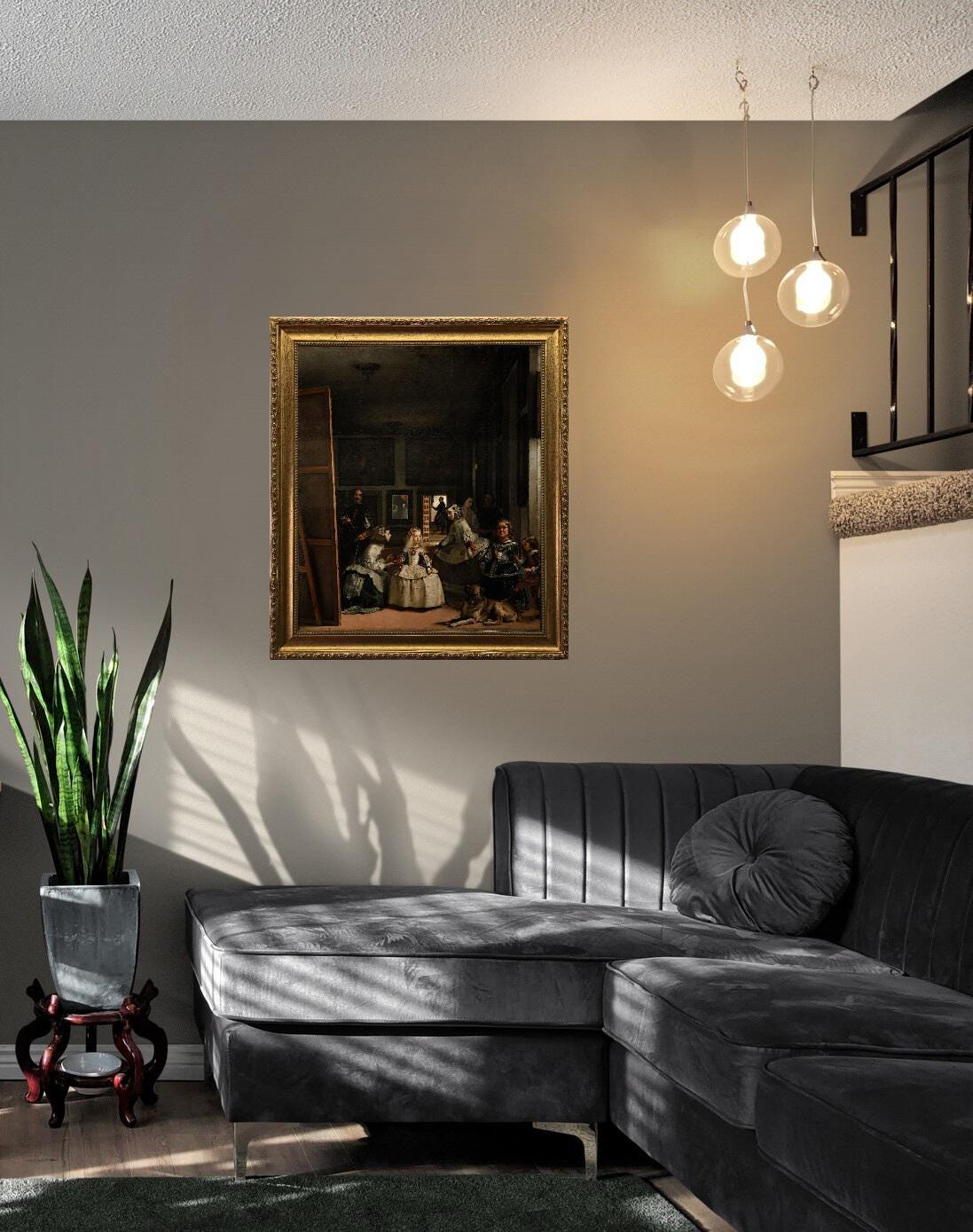 Las Meninas by Velázquez,  Canvas Print with Golden Vintage Frame and brush strokes FOSHE ART