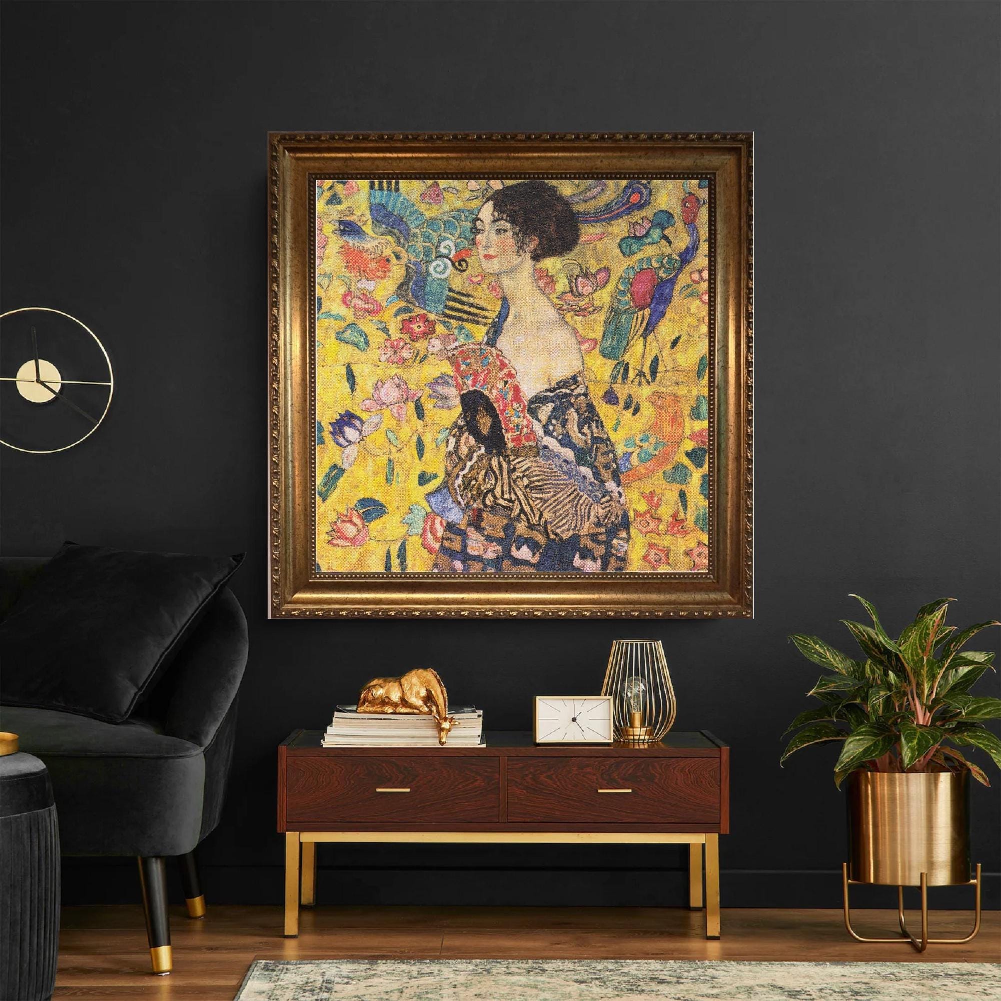 Klimt Lady With Fan Print on canvas: Brushstroke Texture, Golden Vintage Frame FOSHE ART