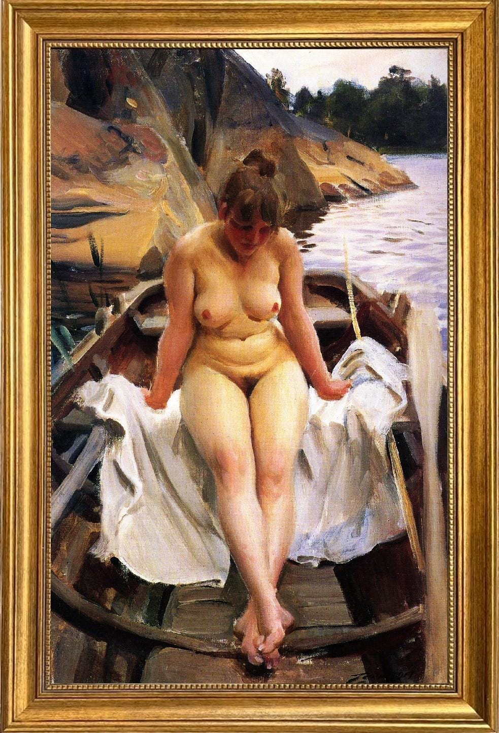 In Werner’s Rowing Boat art reproduction by Anders Zorn, 3D Hand-finish canvas with brush strokes, looks like original, Golden Vintage Frame FOSHE ART