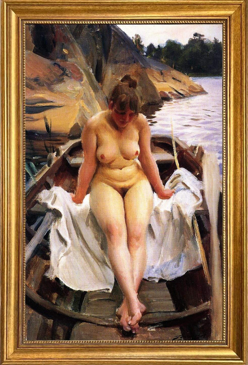 Anders Zorn "In Werner’s Rowing Boat" Canvas Print with Golden Vintage Frame FOSHE ART
