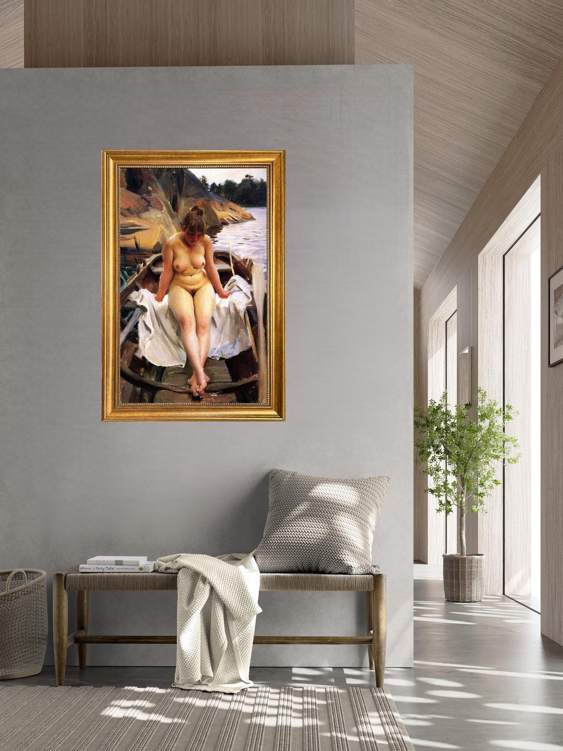 In Werner’s Rowing Boat art reproduction by Anders Zorn, 3D Hand-finish canvas with brush strokes, looks like original, Golden Vintage Frame FOSHE ART