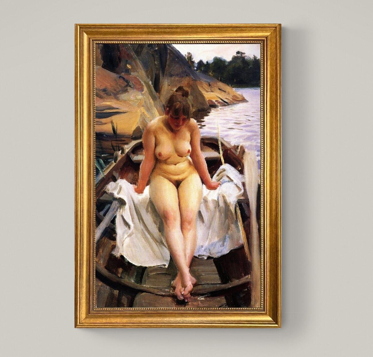 In Werner’s Rowing Boat art reproduction by Anders Zorn, 3D Hand-finish canvas with brush strokes, looks like original, Golden Vintage Frame FOSHE ART