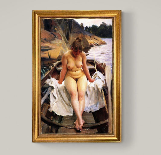 In Werner’s Rowing Boat art reproduction by Anders Zorn, 3D Hand-finish canvas with brush strokes, looks like original, Golden Vintage Frame FOSHE ART