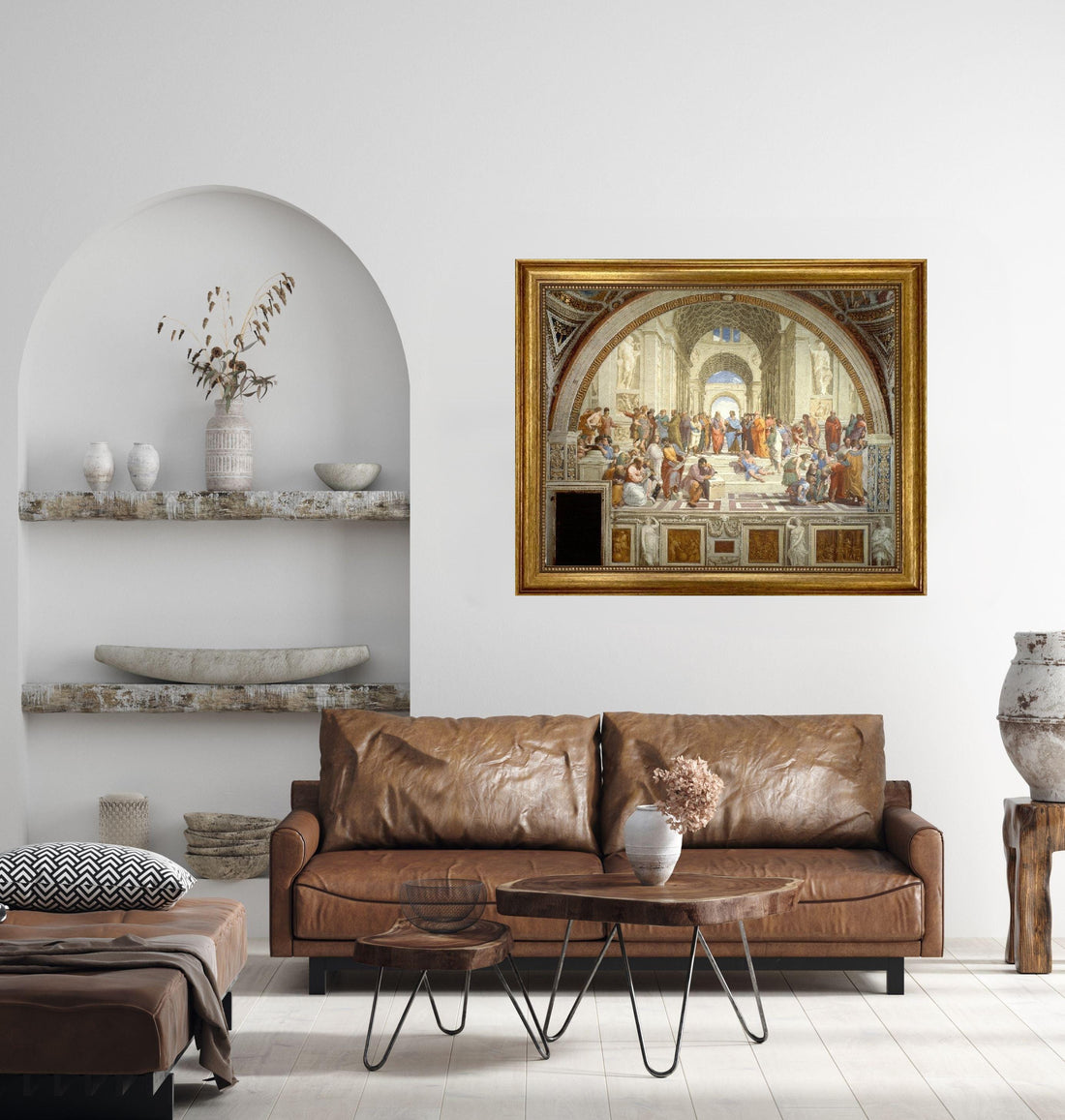 The School of Athens Print: Raphael, 3D Hand-Finished Canvas, Golden Vintage Frame and Brush Strokes FOSHE ART