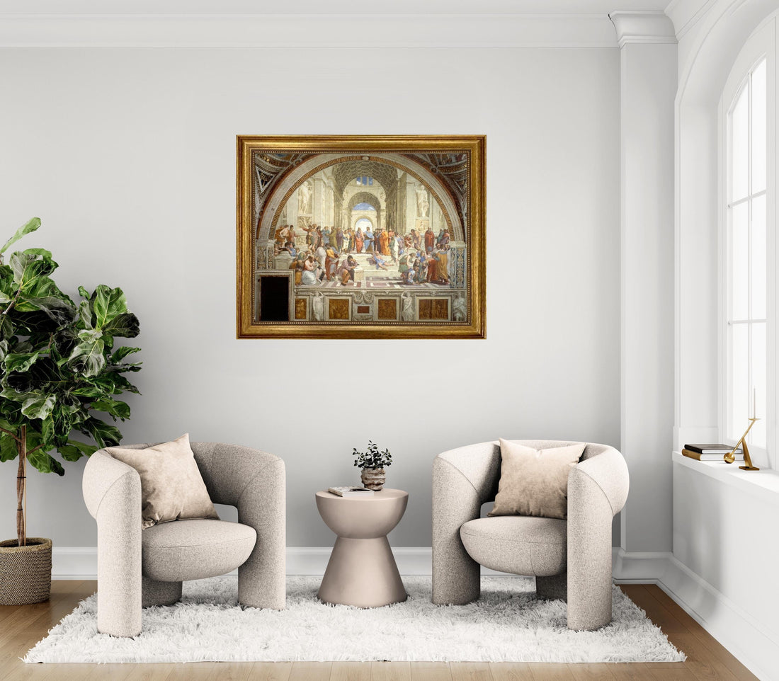 The School of Athens Print: Raphael, 3D Hand-Finished Canvas, Golden Vintage Frame and Brush Strokes FOSHE ART
