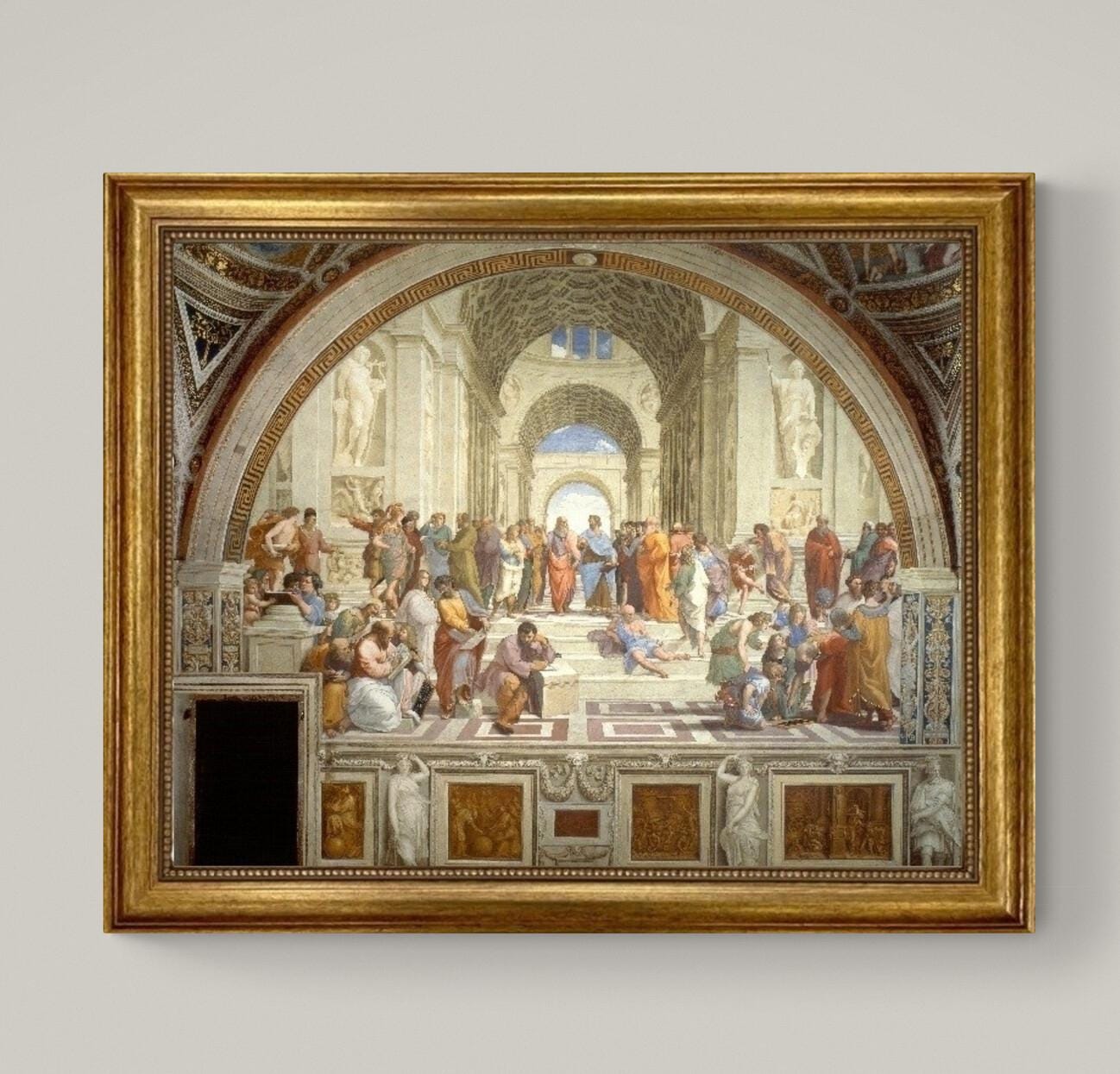 The School of Athens by Raphael, 3D Hand-finish canvas with brush strokes, looks like original, Golden Vintage Frame FOSHE ART