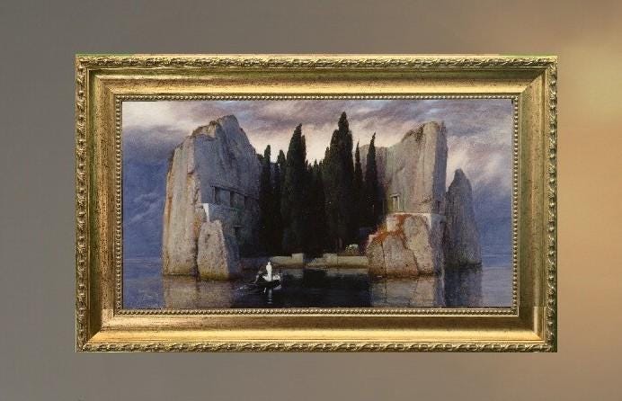 Isle of the Dead by Arnold Böcklin, Premium Print on canvas with Hand-Finished Brush Strokes and  Golden Vintage Frame FOSHE ART
