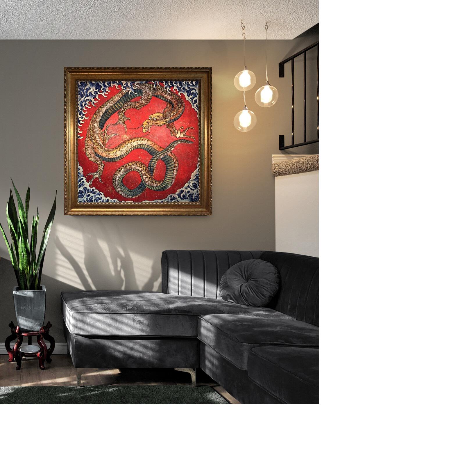 Hokusai Dragon Art Print with Brush Stroke Texture: Japanese Reproduction on Canvas, Golden Frame FOSHE ART