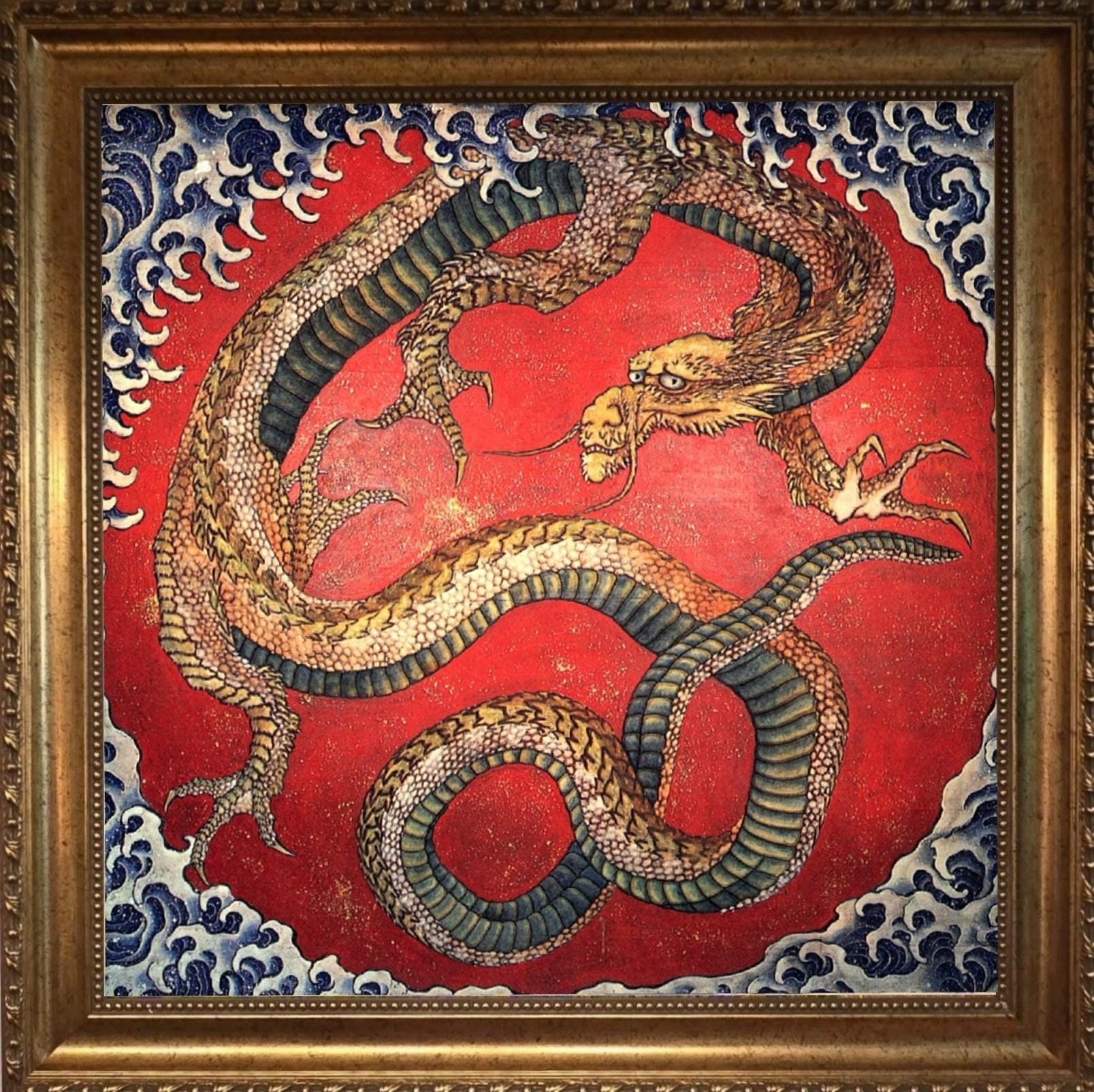 Hokusai Dragon Art Print with Brush Stroke Texture: Japanese Reproduction on Canvas, Golden Frame FOSHE ART