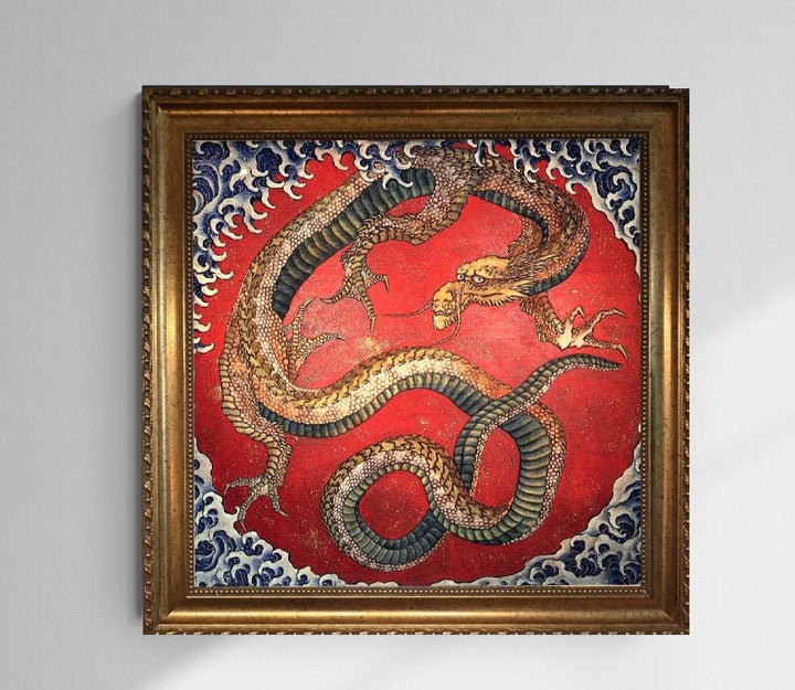 Hokusai Dragon Art Print with Brush Stroke Texture: Japanese Reproduction on Canvas, Golden Frame FOSHE ART