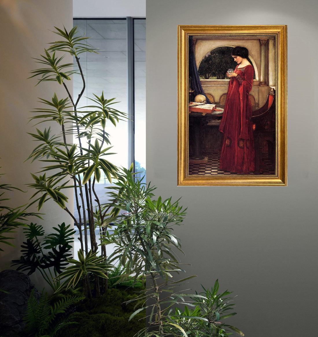 JW Waterhouse "The Cristal Ball" Framed Canvas Print: Golden Vintage Frame and Brush Strokes FOSHE ART