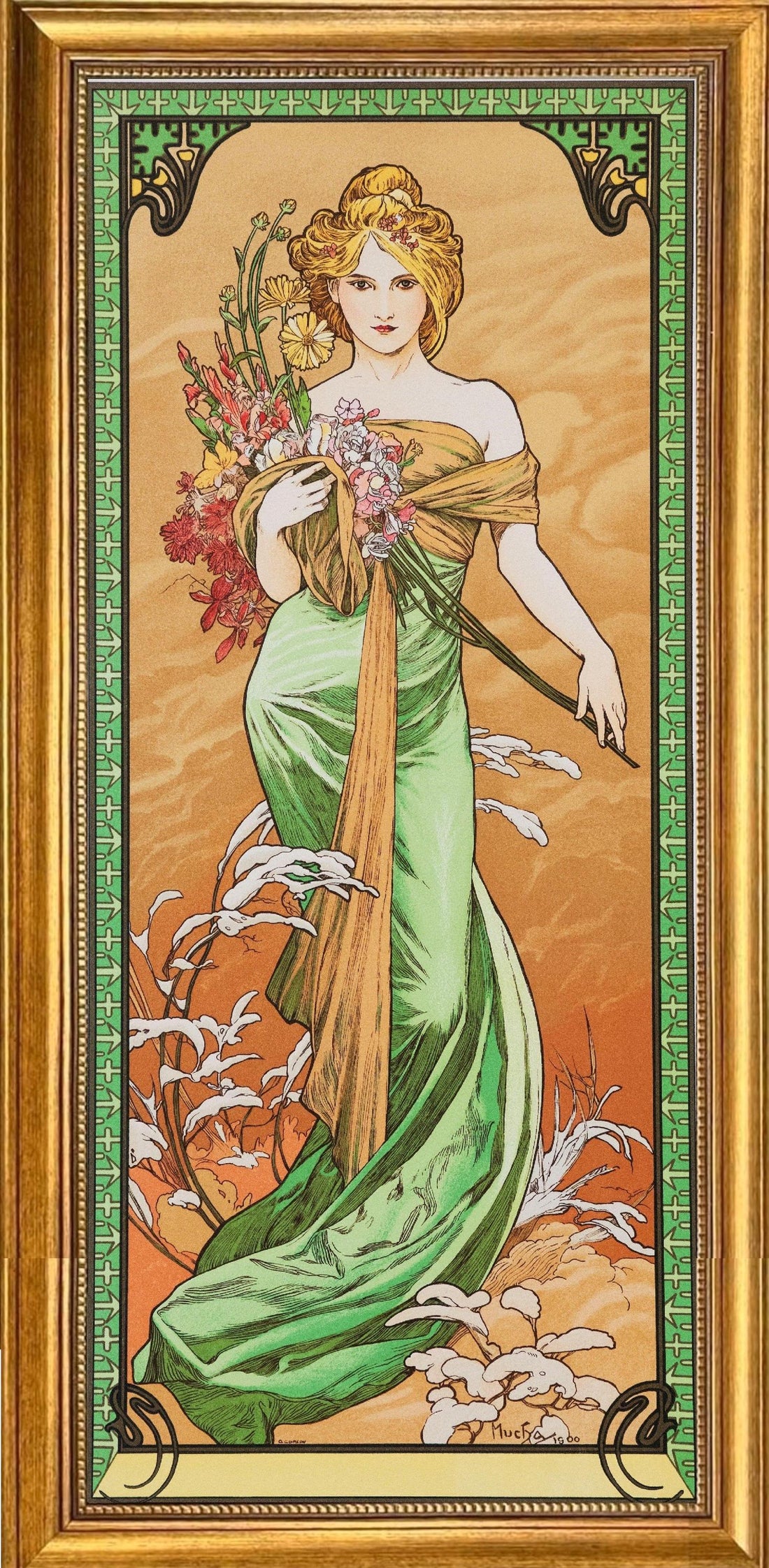 Framed Art Nouveau Print: Alfons Mucha's "Spring" with Golden Frame FOSHE ART