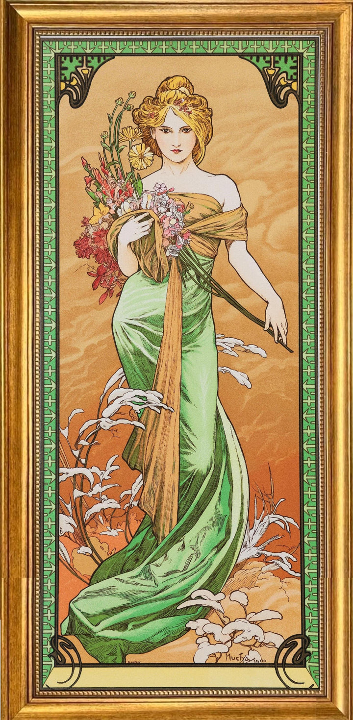 Framed Art Nouveau Print: Alfons Mucha's "Spring" with Golden Frame FOSHE ART