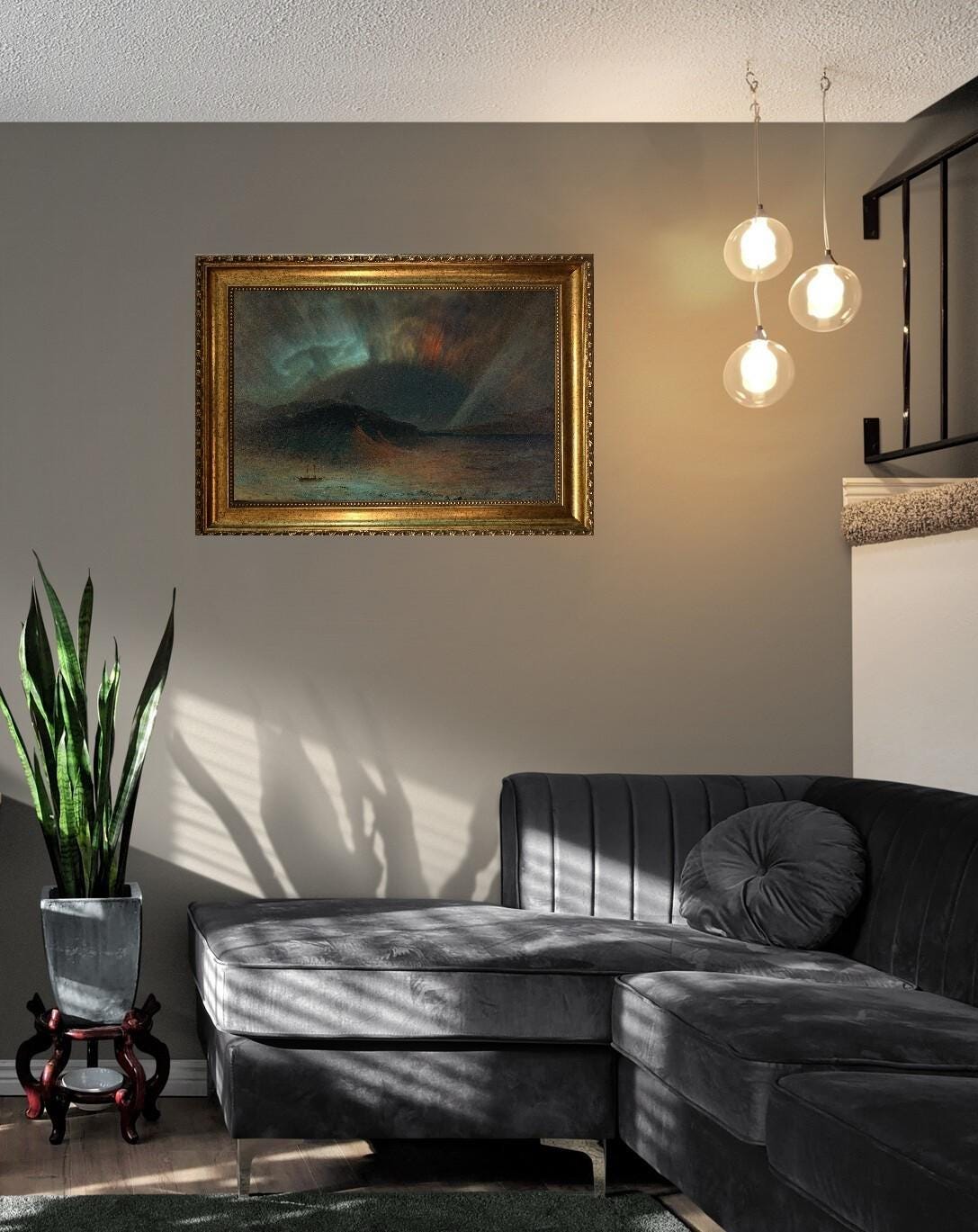 Aurora Borealis by Frederic Edwin Church, Print on canvas: Brushstroke Texture, Golden Vintage Frame FOSHE ART