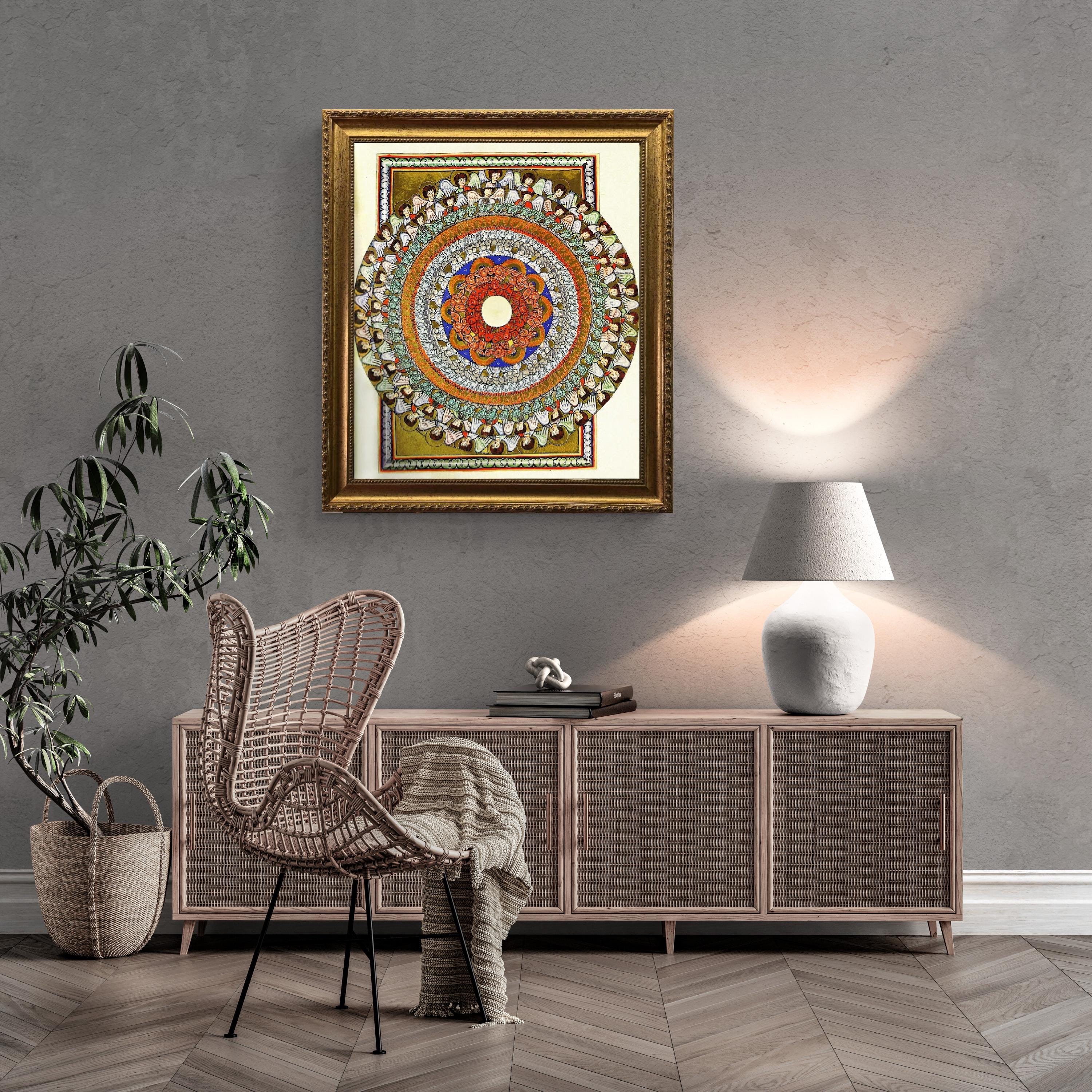 Hildegard of Bingen Mandala Canvas Print with brush strokes and Vintage Golden Frame FOSHE ART