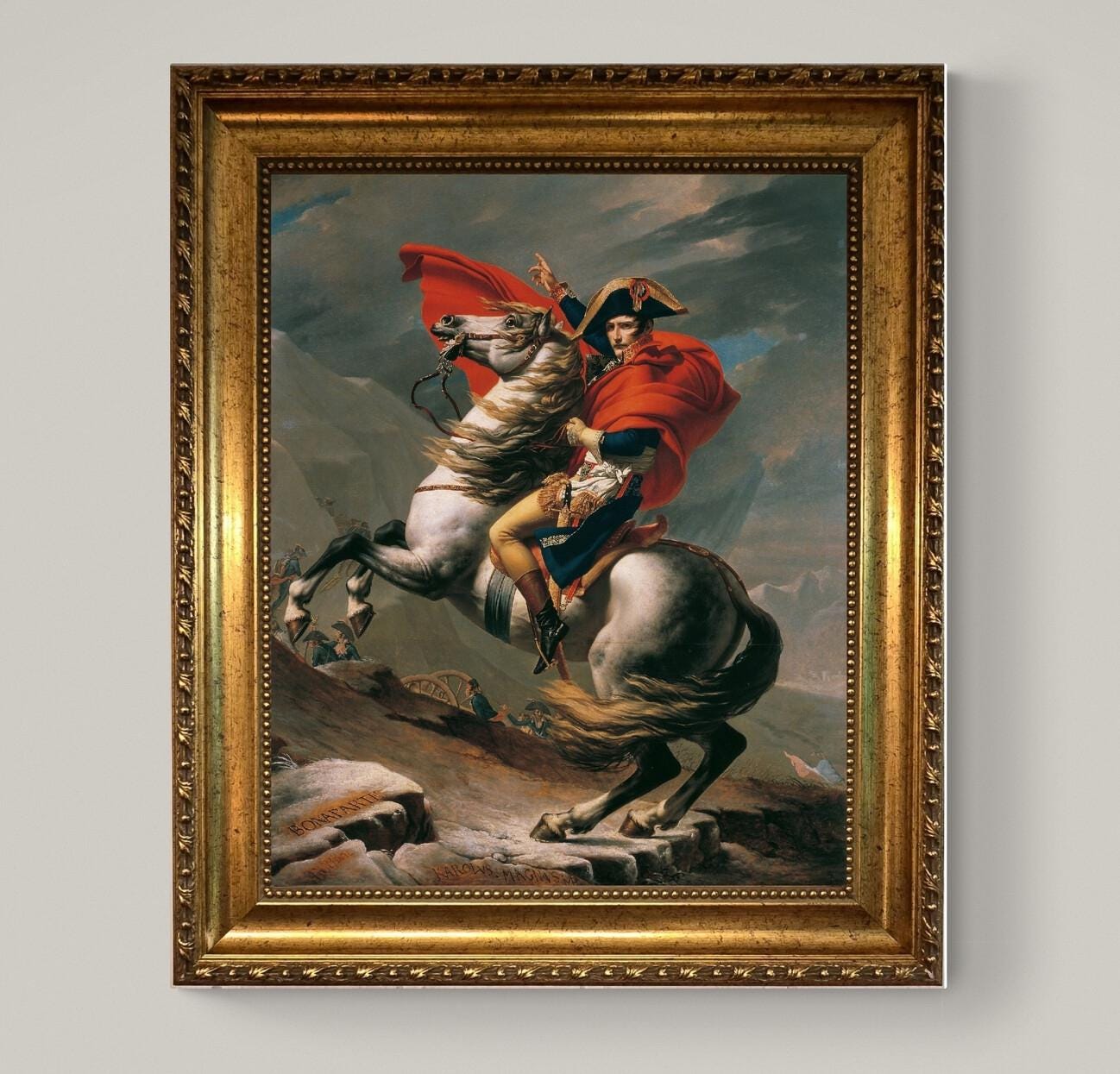 Napoleon Crossing the Alps Canvas Print with Vintage Gold Frame, Brush Strokes FOSHE ART