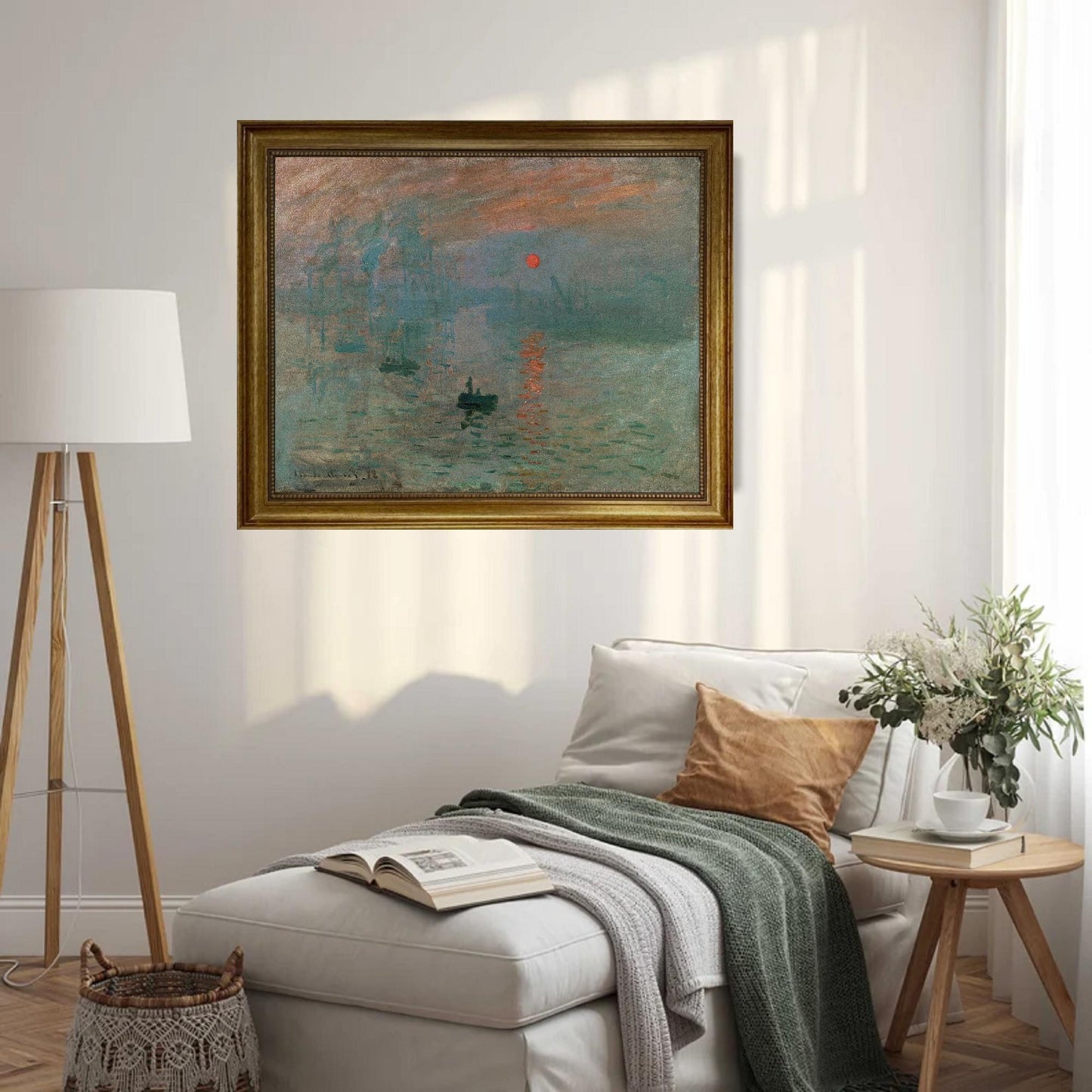 Impression Sunrise by Claude Monet, Canvas hand finished premium print with brush strokes and golden vintageous frame looks like original FOSHE ART