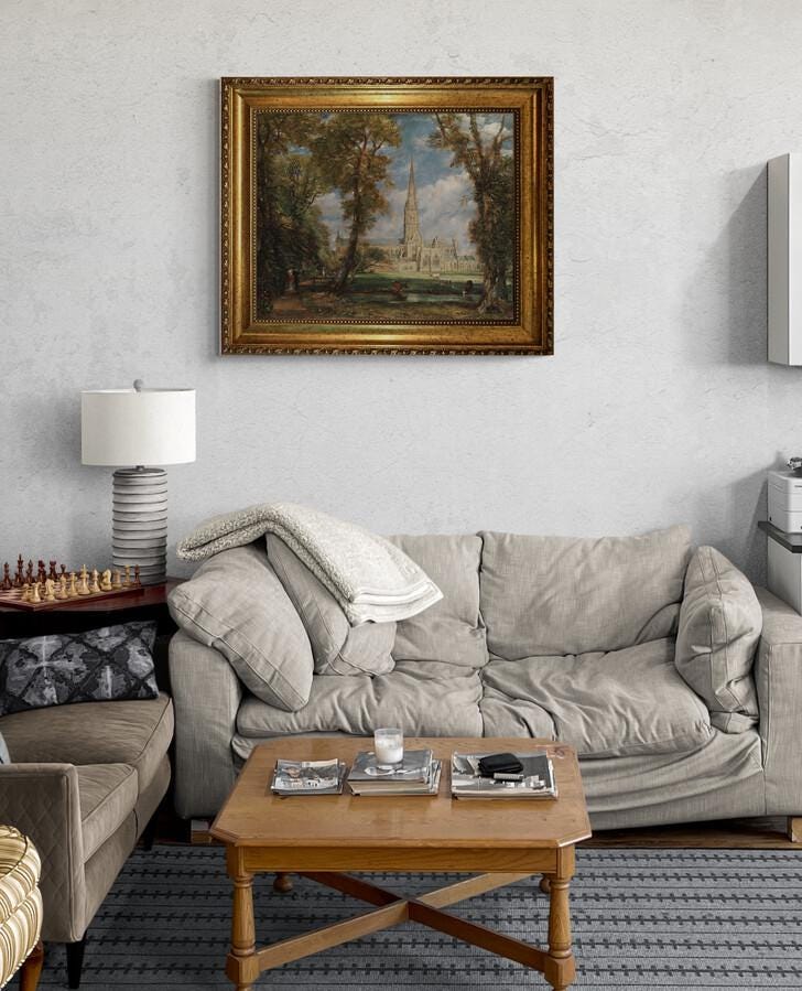 Salisbury Cathedral Canvas Print: John Constable Masterpiece with Vintage Golden Frame, Brush Strokes FOSHE ART