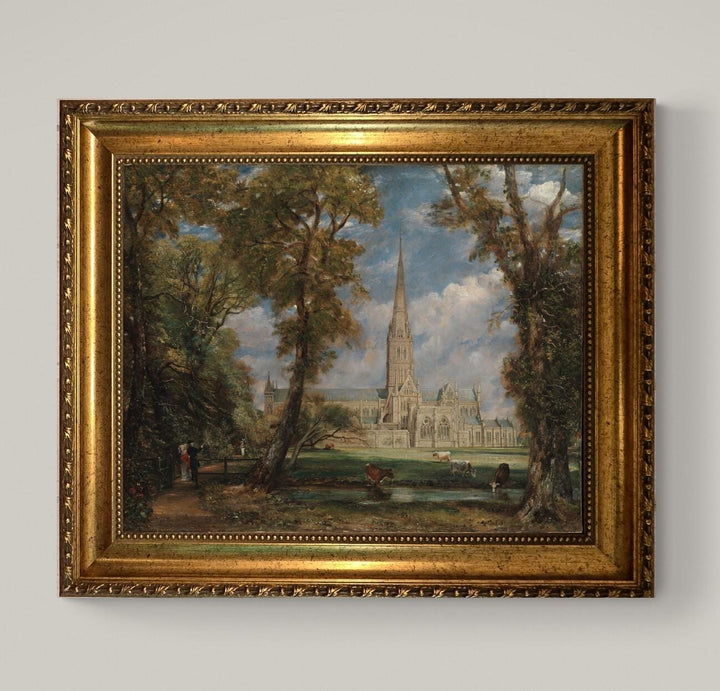 Salisbury Cathedral Canvas Print: John Constable Masterpiece with Vintage Golden Frame, Brush Strokes FOSHE ART