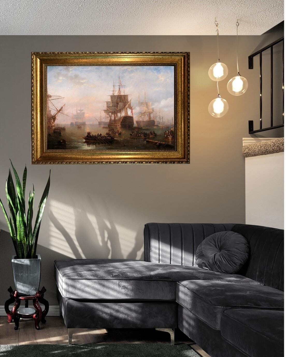 HMS Victory Print: Carmichael Seascape Painting with Vintage Gold Frame, Brush Strokes FOSHE ART