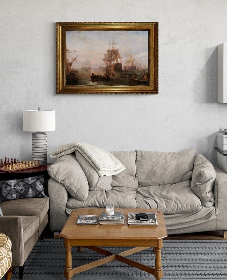 HMS Victory Print: Carmichael Seascape Painting with Vintage Gold Frame, Brush Strokes FOSHE ART