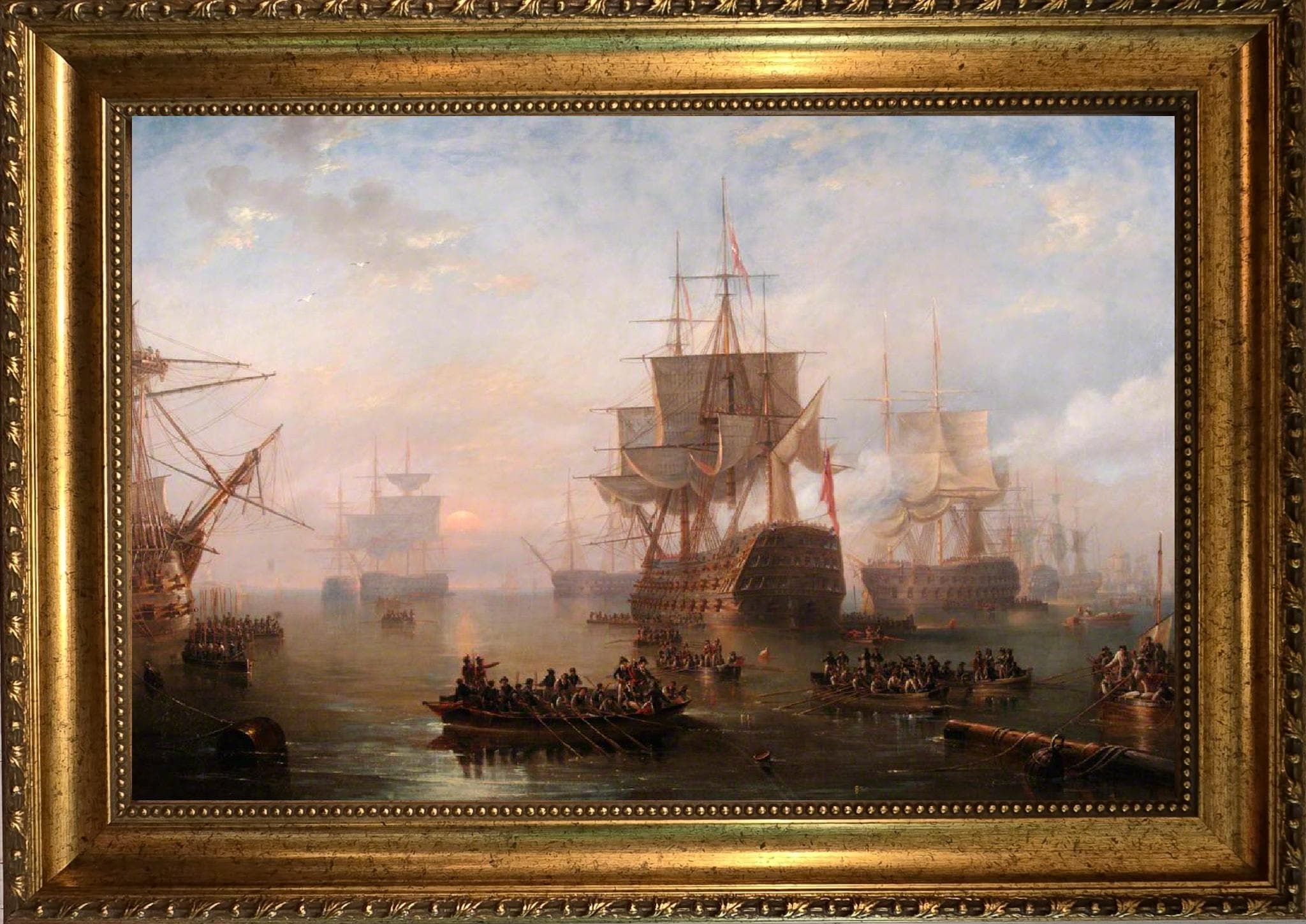 HMS Victory Print: Carmichael Seascape Painting with Vintage Gold Frame, Brush Strokes FOSHE ART