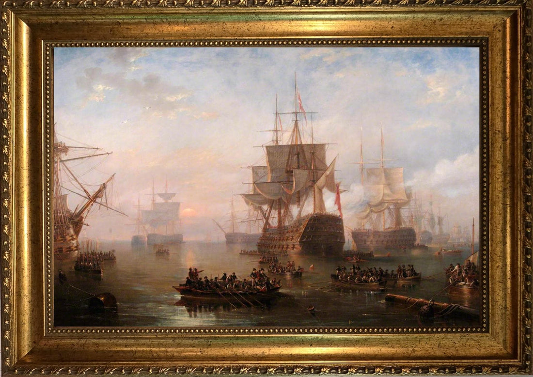 HMS Victory Print: Carmichael Seascape Painting with Vintage Gold Frame, Brush Strokes FOSHE ART